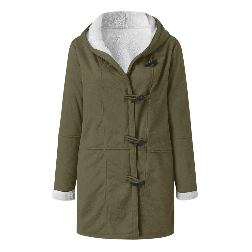 Women's Button Suede Long Windbreaker Coat Warm Long Sleeve Jacket Hooded Coat