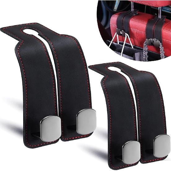 Purse Hook For Car, Thickened Leather Sturdy Metal Purse Holder For Car - Car Headrest Hangers, Bag Hooks For Car (Black - 2 Pack)
