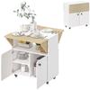 Klapptisch Rollcontainer, Zwei klappbare Tischseiten, Schrankfach, 4 Rollen, Weiß+Naturholz, 70 x 83 x 75cm