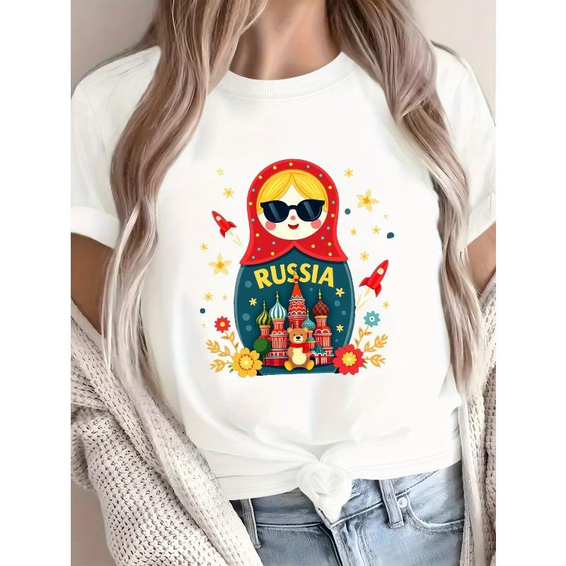 Women s Matryoshka St. Basil s Cathedral Print T-Shirt Retro Casual Short Sleeve Top S белый