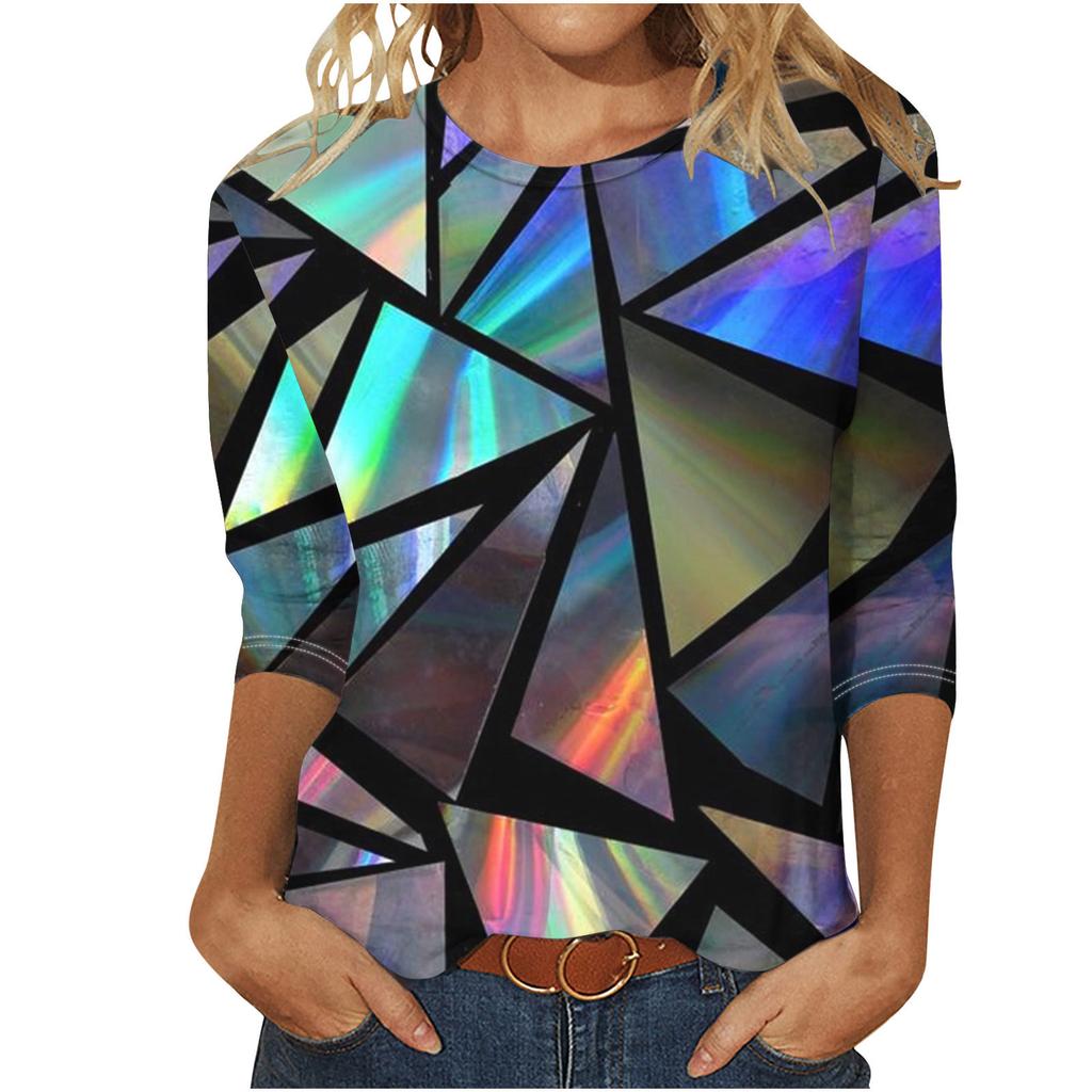 Round Neck 3D Printed Geometric Diamond Pattern Top Fashionable Casual Long Sleeved Women's T-shirts