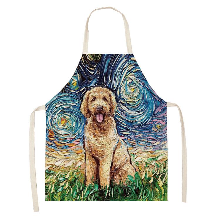 Schürze im Ölgemälde-Stil, Sternenhimmel-Hintergrund, Hund, Leinen, Baumwolle, kreative Eltern-Kind-Schürze, Familienküche