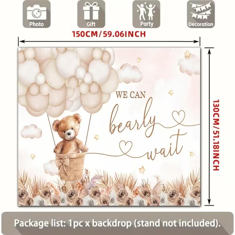 2D Teddy Bear Hot Air Balloon Baby Shower Backdrop Floral Photoshoot Background