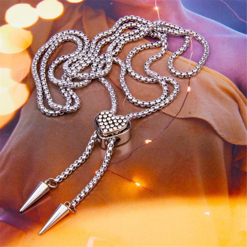 Elegant Heart Shaped Neckwear Rhinestones Accented Unisex Stainless Steel Necklace Slidable for Gifting and Daily Use