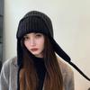 Women Knitting Hat Lace-up Solid Color Ear Protection Winter Elastic Hat Cold Weather Windproof Lei Feng Hat