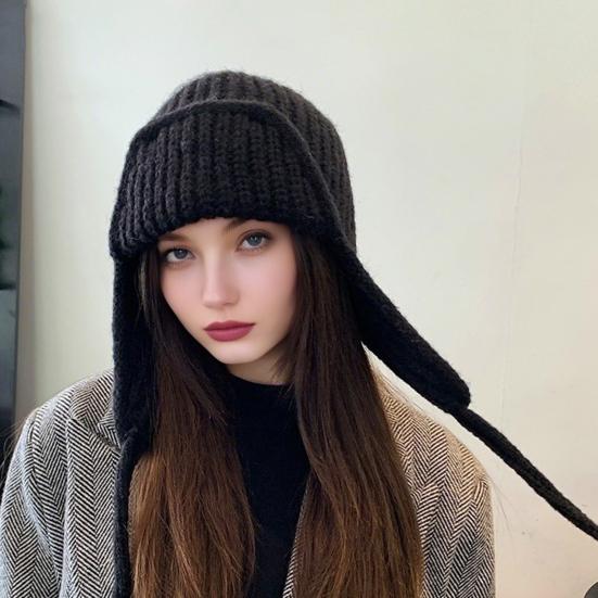 Women Knitting Hat Lace-up Solid Color Ear Protection Winter Elastic Hat Cold Weather Windproof Lei Feng Hat