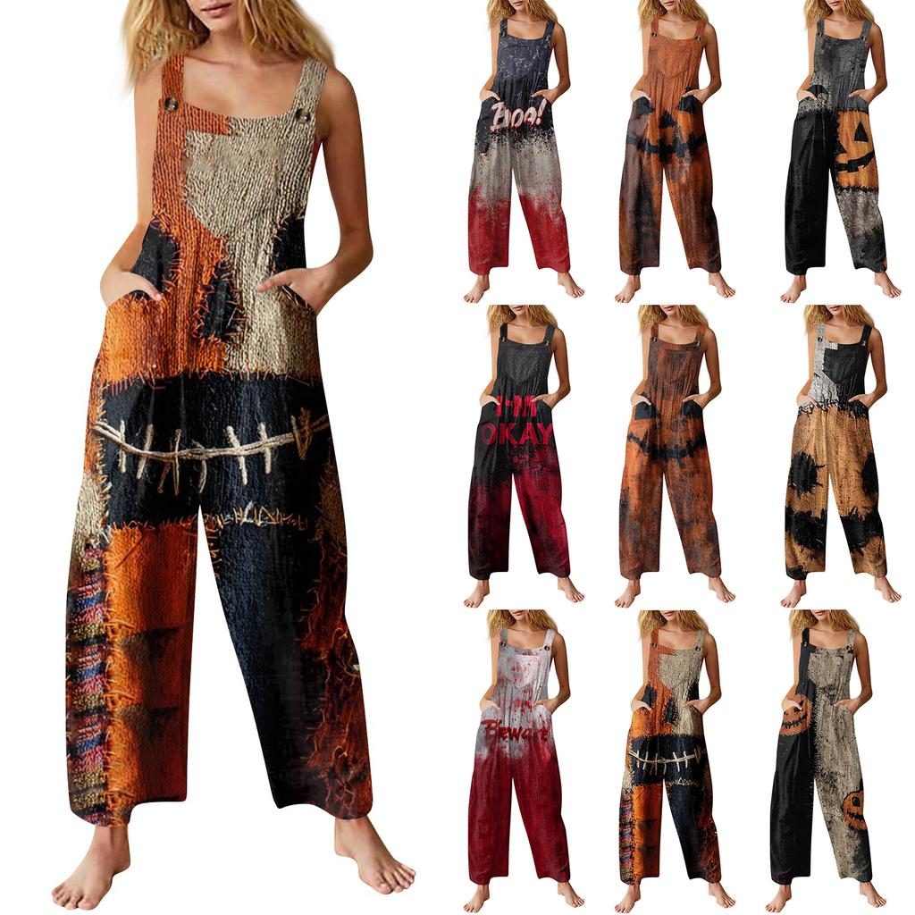 Women's Fashion Halloween Print Casual Vintage Sleeveless Button Jumpsuit