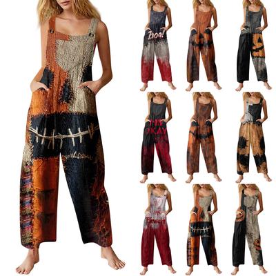 Women's Fashion Halloween Print Casual Vintage Sleeveless Button Jumpsuit