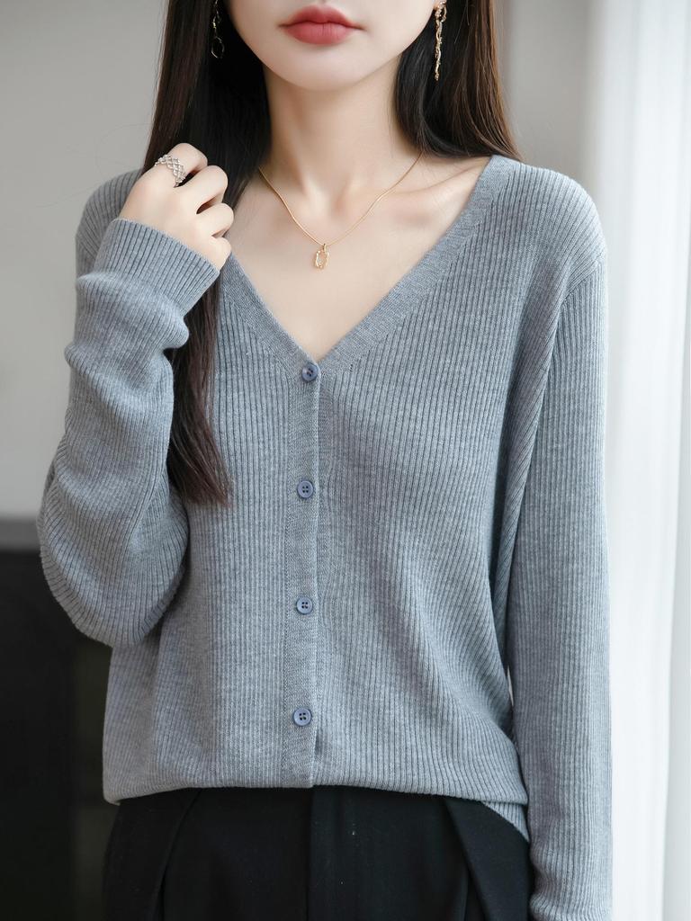 Damen Wollmischung Feingerippter V-Ausschnitt Cardigan Pullover