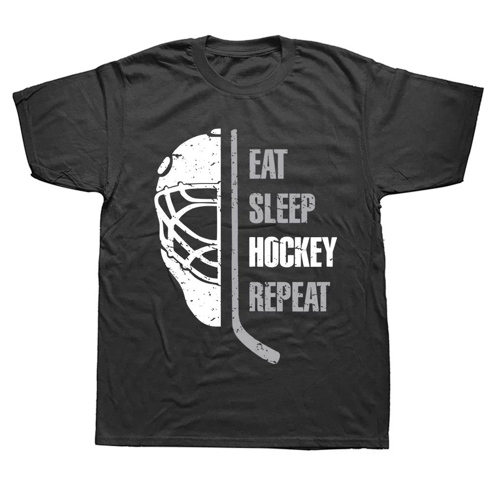 Eat Sleep Hockey Repeat Adult Ice Hockey Retro Vintage Tee Tops Round Neck Fashion Tshirt Clothing Casual Basic Tshirts