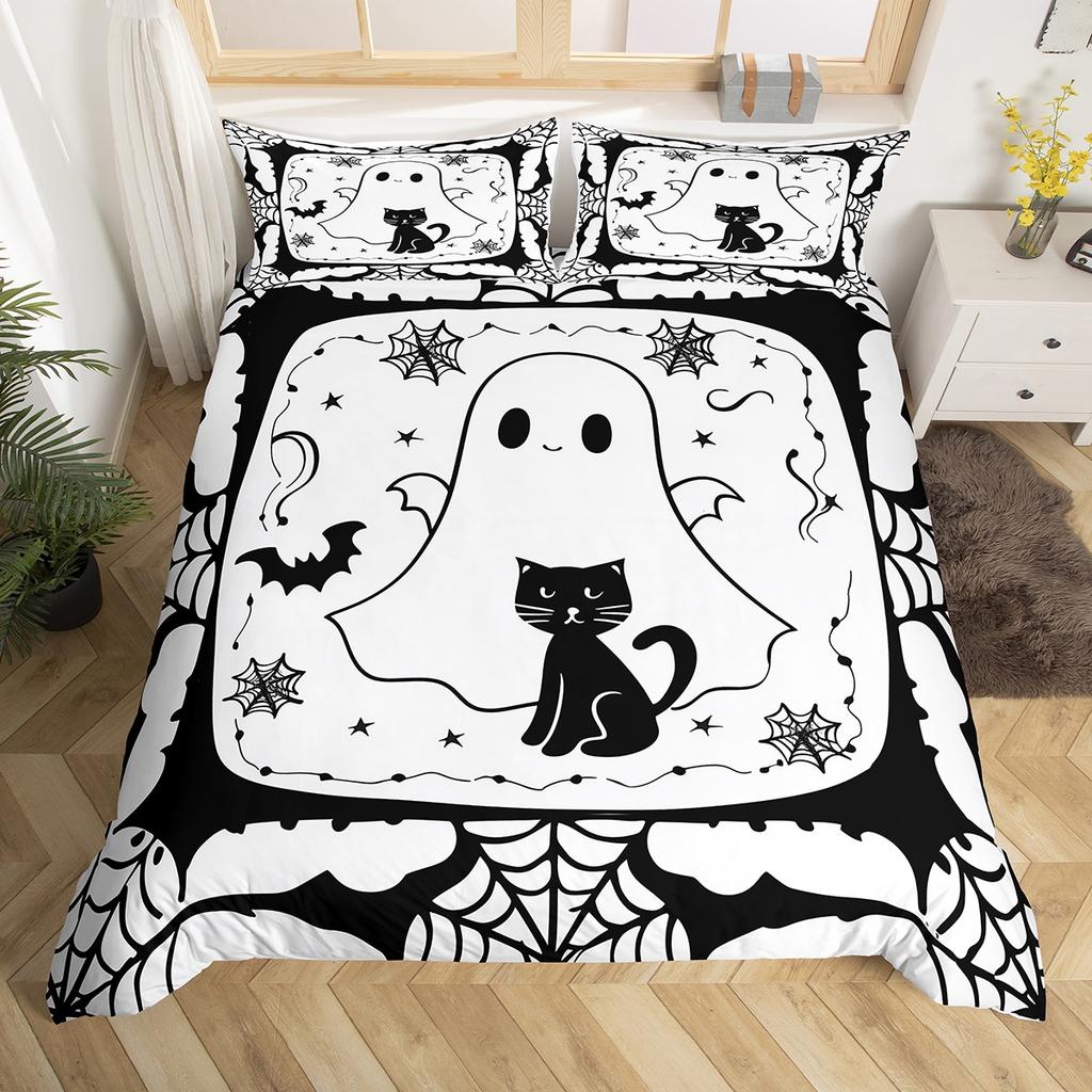 Homewish Funny Halloween Ghost Duvet Cover Set,Gothic Spider Web Bedding Set,Teens Boys Girls Kids Bed Set