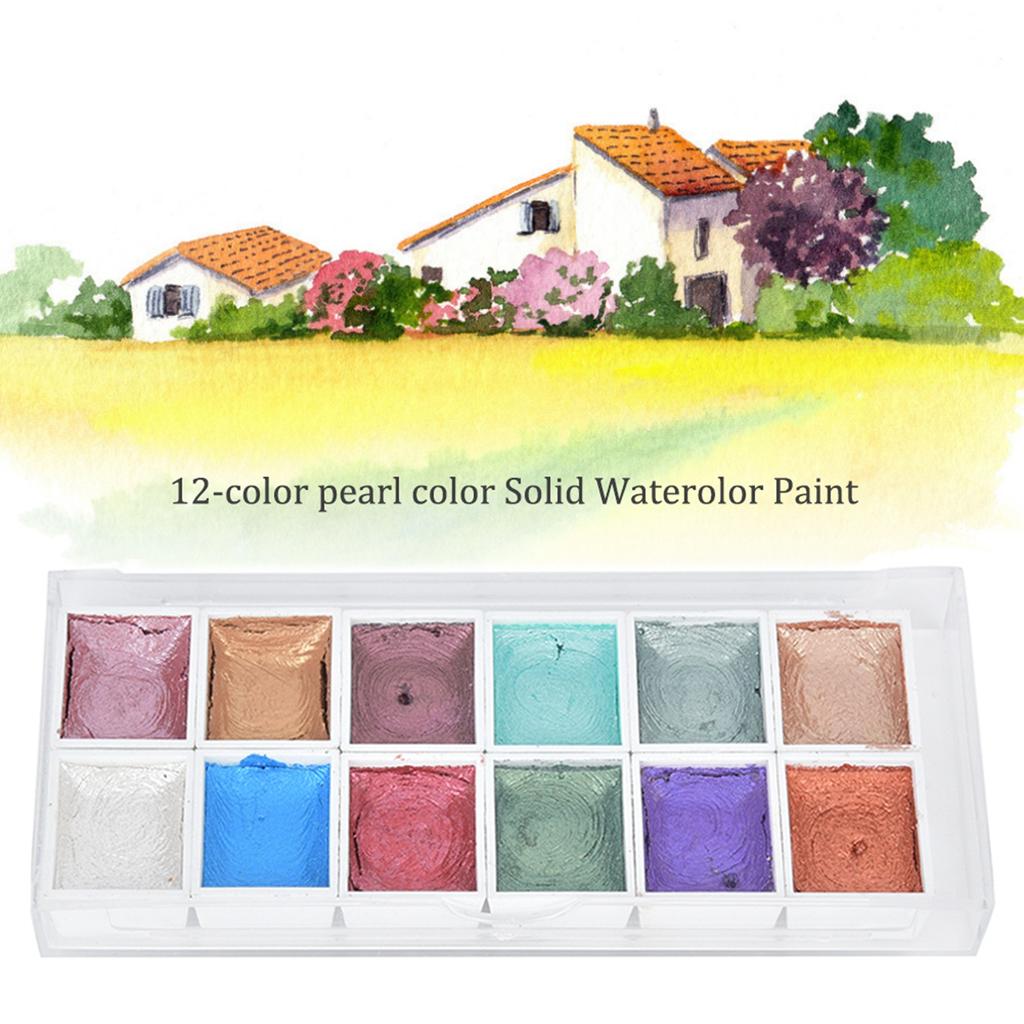 12-Color Pearl Color Solid Watercolor Pigment Set Portable Painting Paints Art Supplies12-color