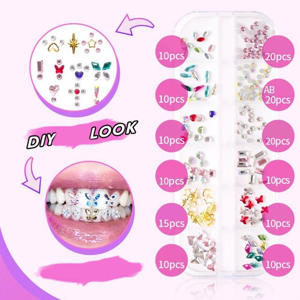 Dental Tooth Gems Diamond Dental Jewelry Crystal Diamond Ornament DIY Tools with Self-adhesive Box Denture Acrylic