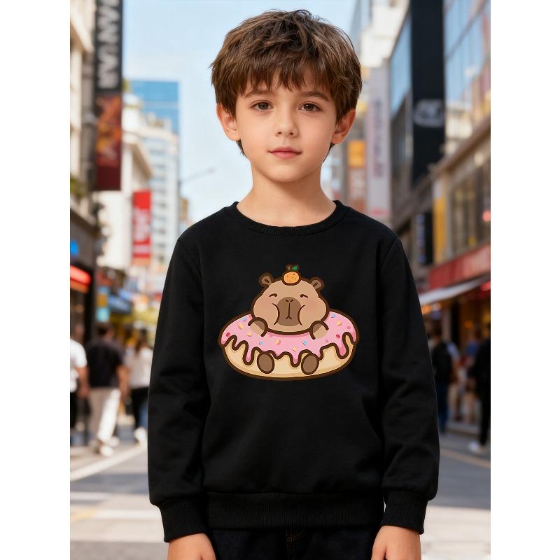European Sizes Kids' Fashion Sweatshirt, Round Neck Pullover for , Donut Capybara Print, Suitable for Daily Casual Wear and Outdoor Activities