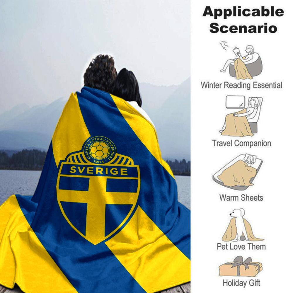 Sweden National Football Team Crest Blue Yellow Diagonal Print Flannel Blanket Soccer Graphic Soft Throw Blanket Football Fan Home Decor