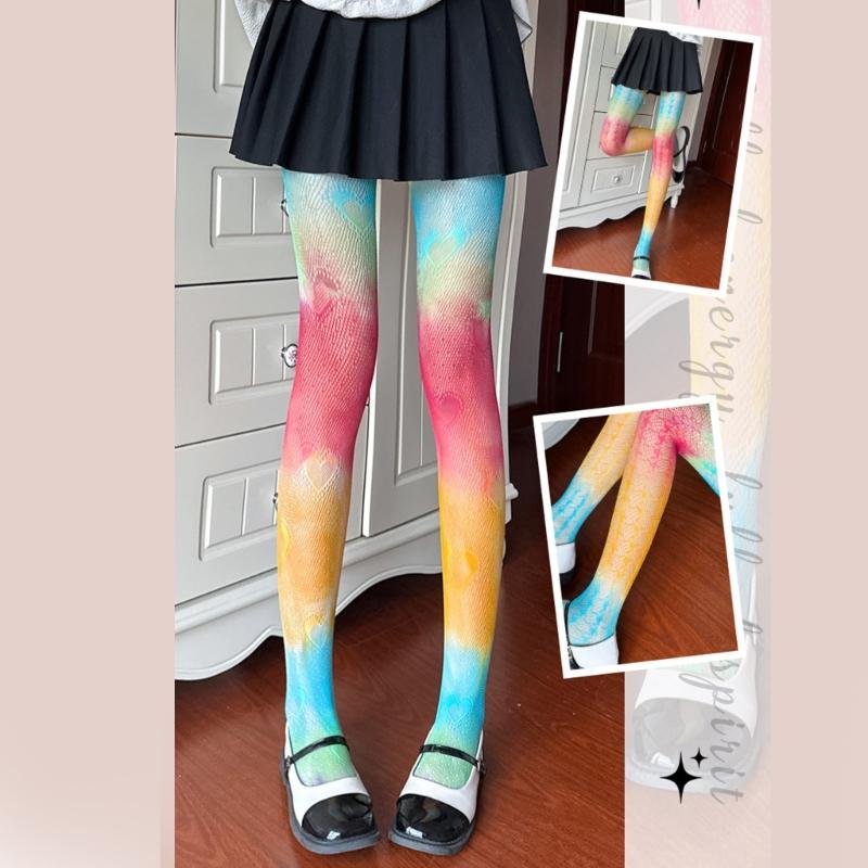 Sexy Regenbogen-Farbverlauf Bunt Fischernetz Strumpfhose für Damen Süßigkeiten-Farbe Hohl Spitze Jacquard Strumpfhose JK Strümpfe Leggings