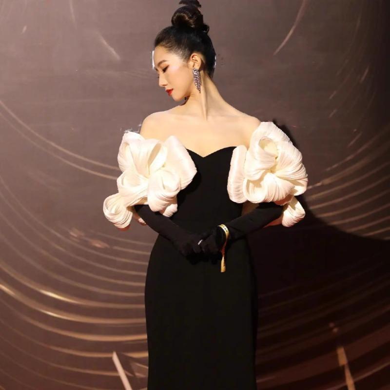 Women's celebrity style new hip bandage dress temperament elegant fashion splicing one-word shoulder dress