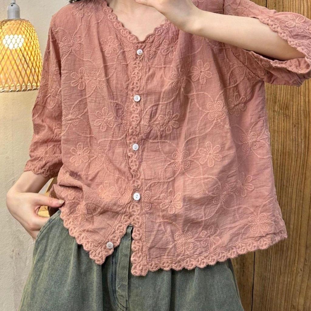 Summer Mori Girl Cotton Blouse with Floral Embroidery and V-Neck