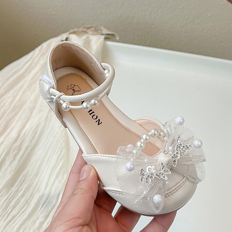 Girls Half Sandals Mesh Lace Bows Sweet Butterfly Kids Dance Shoes Wedding Ins Trendy 2025 Summer Girls Princess Shoes Pearls