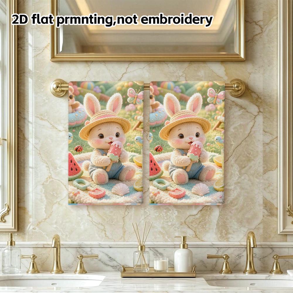 Felt Summer Bunny Picnic Soft Bath Towel, Rainbow Castle Ice Cream Rabbit Absorbent Quick Dry Towel