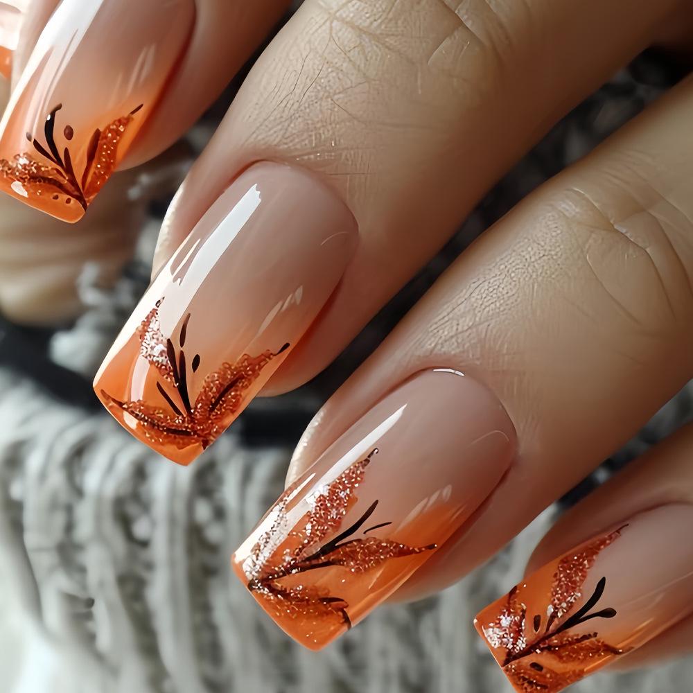 

Chinese Red-Brown Gradient French False Nails, 24 Pieces with Leaf Glitter Nail Tips