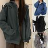 Solid Color Coat Women Winter Zipper Closure Thick Hooded Long Sleeve Drawstring Pocket Hoodie Loose Pockets Elastic Cuff Lady Autumn Jacket