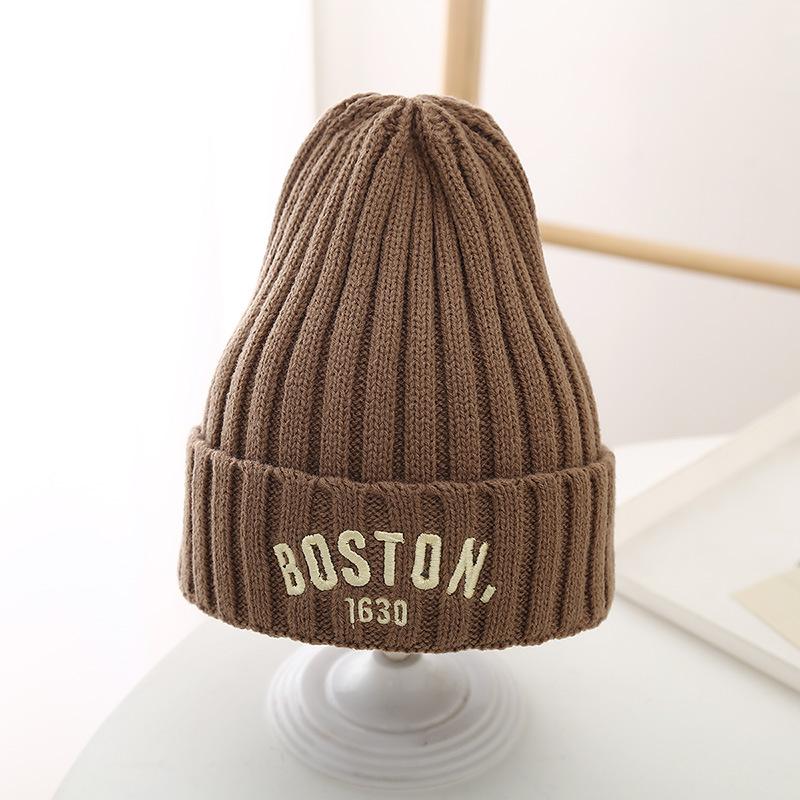 Winter Baby Knitted Hat with Earmuff Letter Embroidered Toddler Beanie Cap Solid Color Warm Woolen Kids Ear Protection Hats