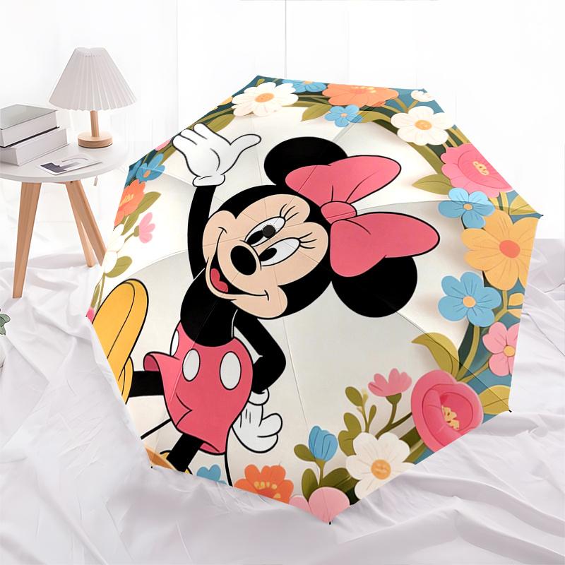 Minnie Mouse, Floral Frame Automatic Opening and Closing Umbrella, Compact Travel Umbrella, Lightweight and Portable, Suitable for Beach Com