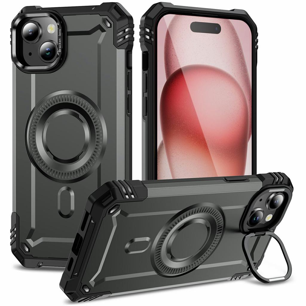 For iPhone 15 Magnetic Case Lens Kickstand PC+TPU Shockproof Phone Cover
