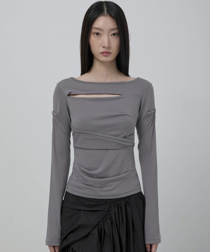 Peulleeoeob Asymmetrical Draped Long Sleeve (Fl-195_Gray)