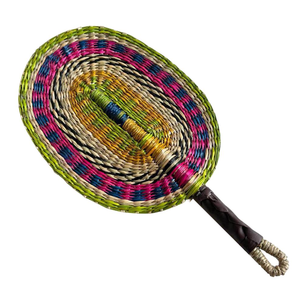 Vintage Seagrass Woven Fan Colorful Striped Patterns Summer Cooling Fan  Home Decoration