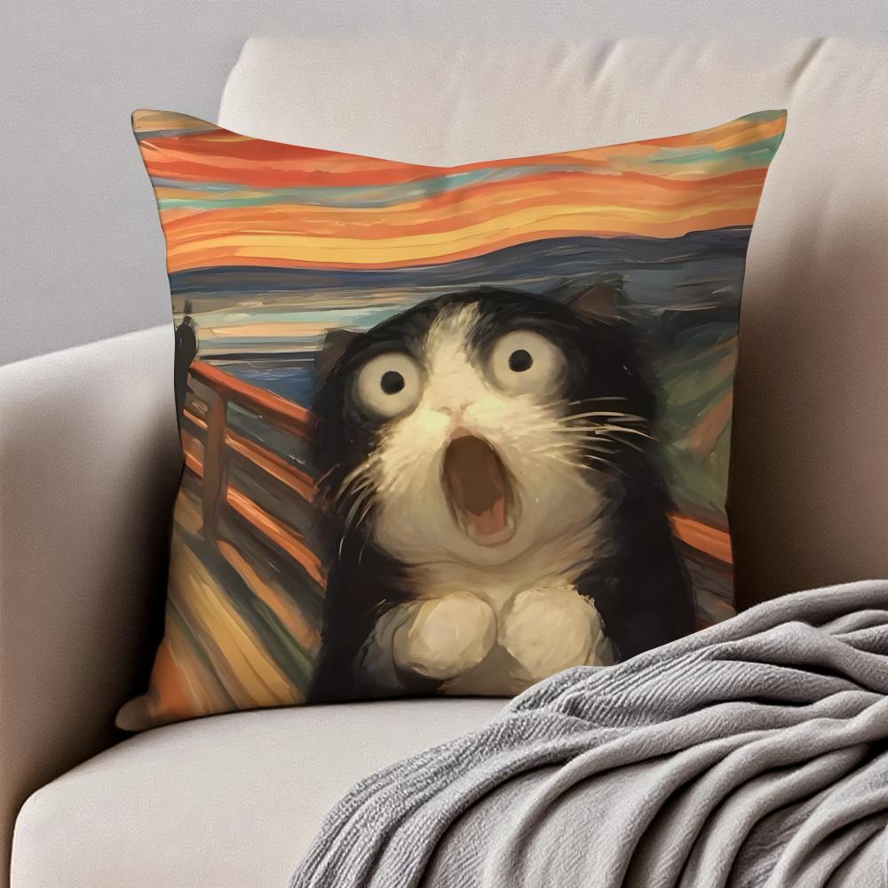 Expressive Hilarious Expressions Cats Oil Paint Cushion Cover Pillowcase Antidustmite Invisible Zipper Short Plush Sofa Cushion