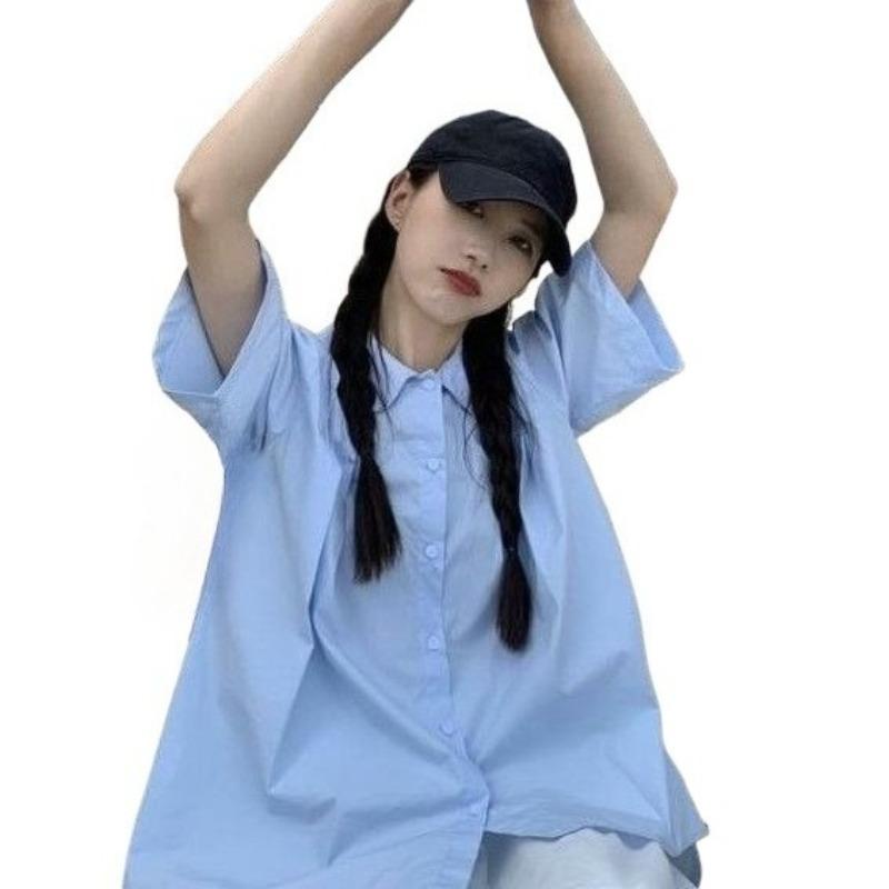 Women's Blue Shirt Female Peter Pan Collar Short Sleeved Blouses Summer New Korean Version Loose Versatile Lady Top