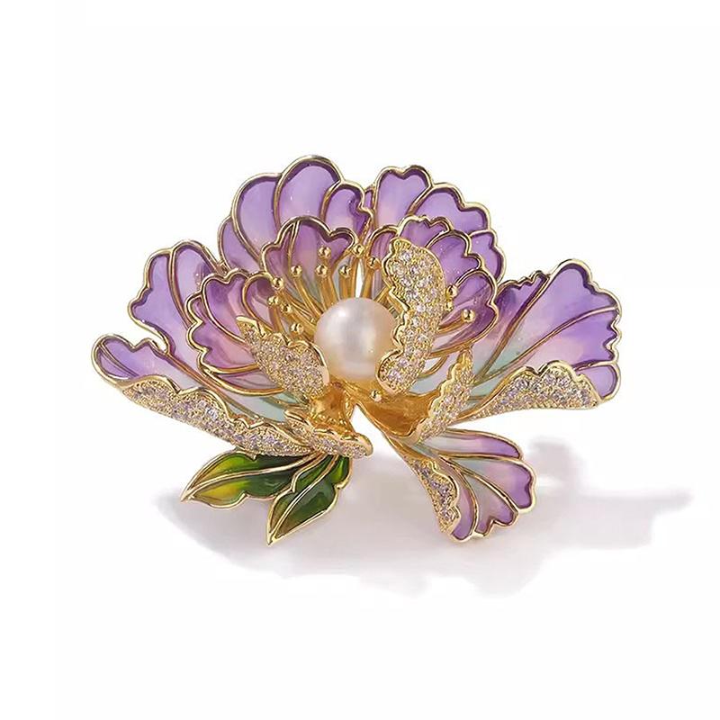 Elegant Peony Flower Brooch with Pearl and Enamel In Purple and Gold
