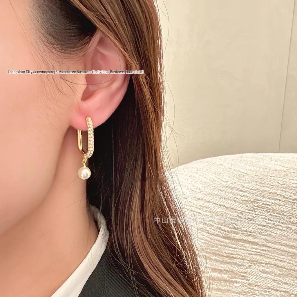 Elegant D-Shaped Pearl & Half-Diamond Asymmetrical Earrings - Minimalist Versatile Studs