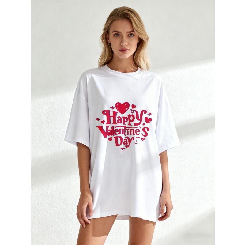 Oversized T Shirt Black Happy Valentines Day Heart Print For Valentine's Day