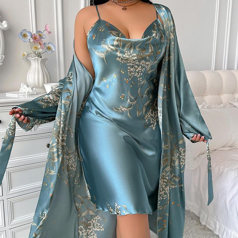 Sexy bedrucktes Schlafanzug- & Schnür-Bademantel-Set in Übergröße - Zweiteilig, Auch für draußen geeignet