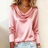 Womens Long Sleeve Flowy Neck Top Pure Color Elegant Office Blouse Soft Stretch Cotton Blend