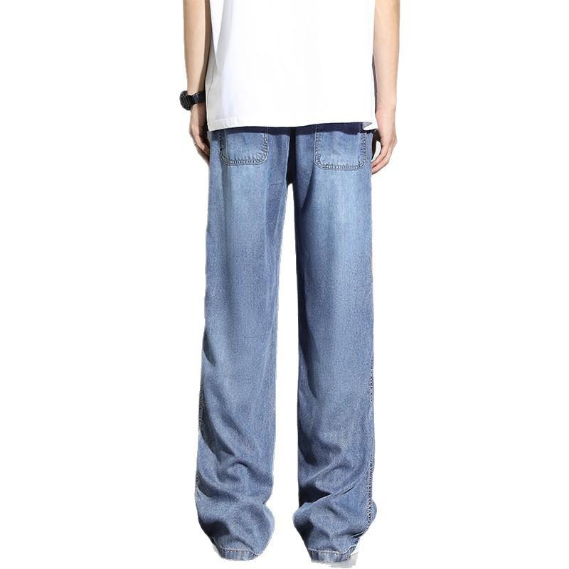 Men's Pink Blue Gradient Jeans, Casual Loose Fit Drawstring Wide Leg Denim Pants