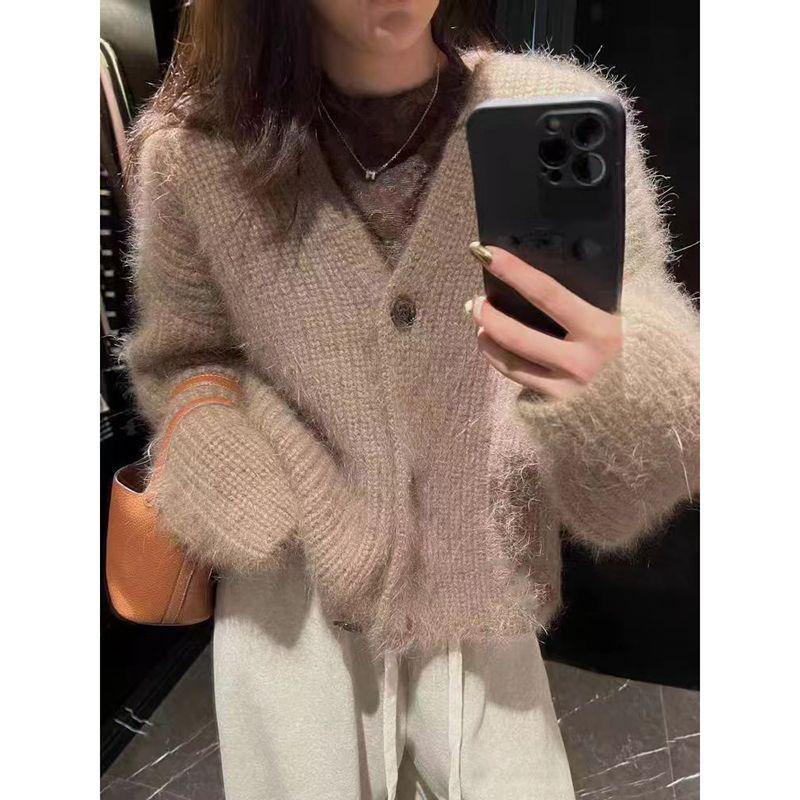 European & American Style Purple Faux Mink Velvet V-Neck Long-Sleeve Knitted Cardigan Sweater