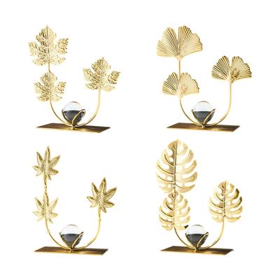 Gold Leaves Statues with Crystal Ball Iron Art Sculptures Golden Leaves Figurines Sculptures Desktop Ornament Home Decors