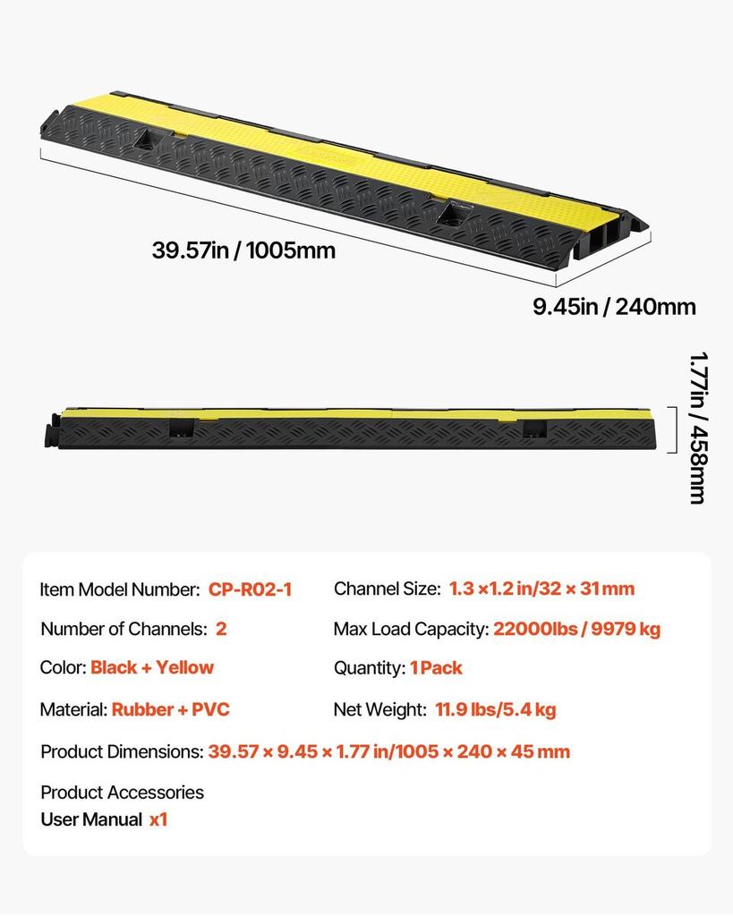 Cable Protector Ramp, 9,979 Kg/axle Capacity, 2 Channel Heavy Duty Rubber Cord Hose Wire Cover, 32 X 31 Mm Channel, Traffic Speed Bump with Flip-Open