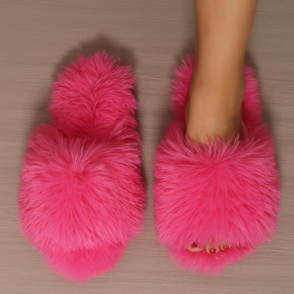 

Жіночі пухнасті зимові тапочки, однотонні туфлі з відкритим носком, м’які плоскі туфлі, затишні та теплі домашні тапочки 36-37 рожевий червоний колір