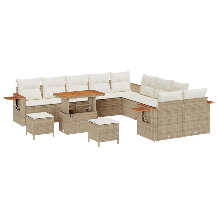 Ensemble de canapé de jardin 13 pièces avec coussins beige poly rattan acacia, Ensemble de salle à manger de jardin 3 pièces 3365186