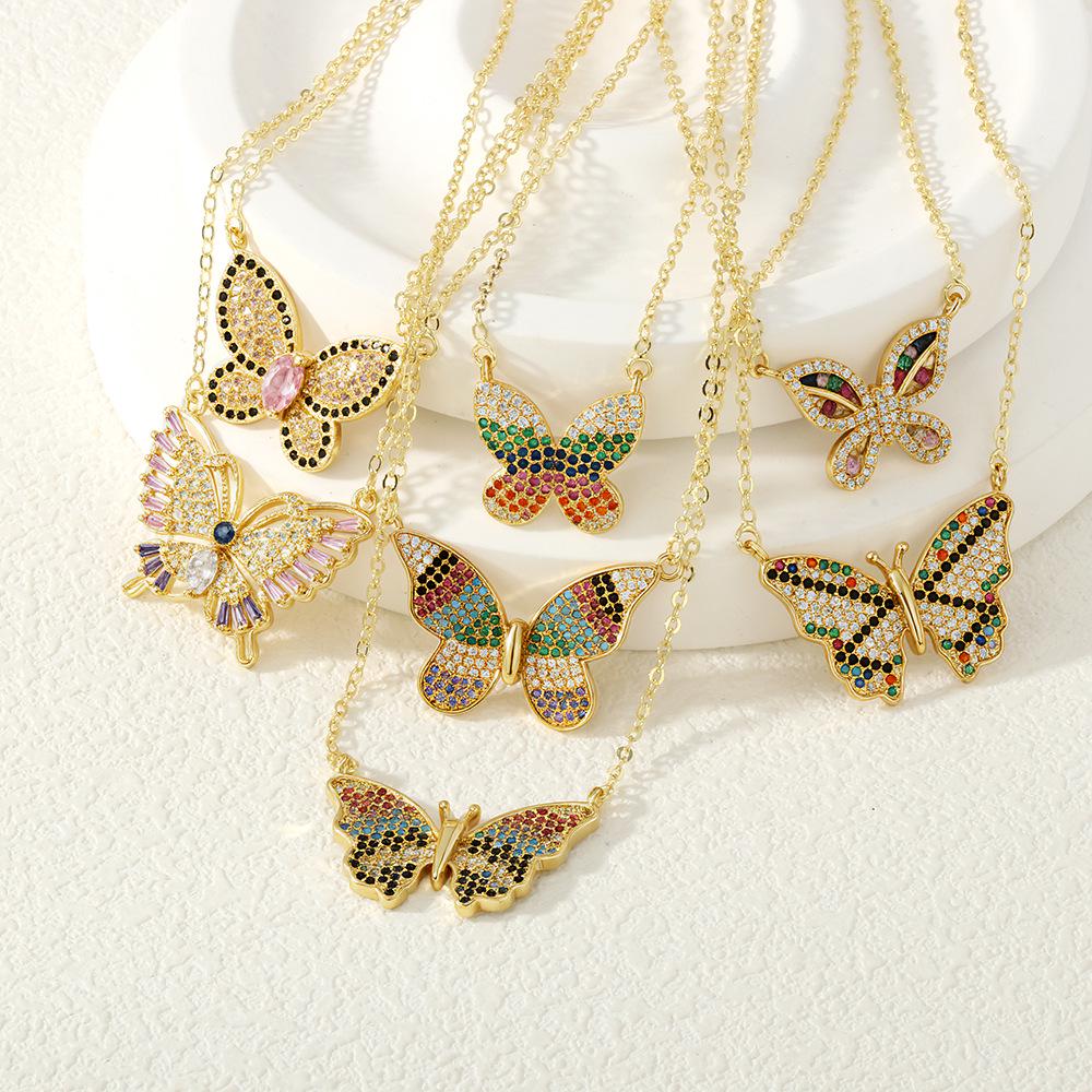 

Color-Inlaid Zircon Butterfly Pendant Necklace - Fashionable Copper Insect Jewelry