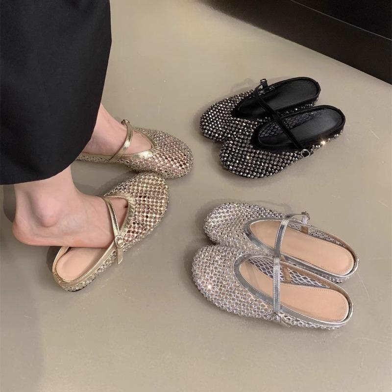 Fashion Rhinestone Marie Jane Baotou Half Slippers Women's 2025 New Summer Outside Wear Half Bottom Flat Cool Mopping
