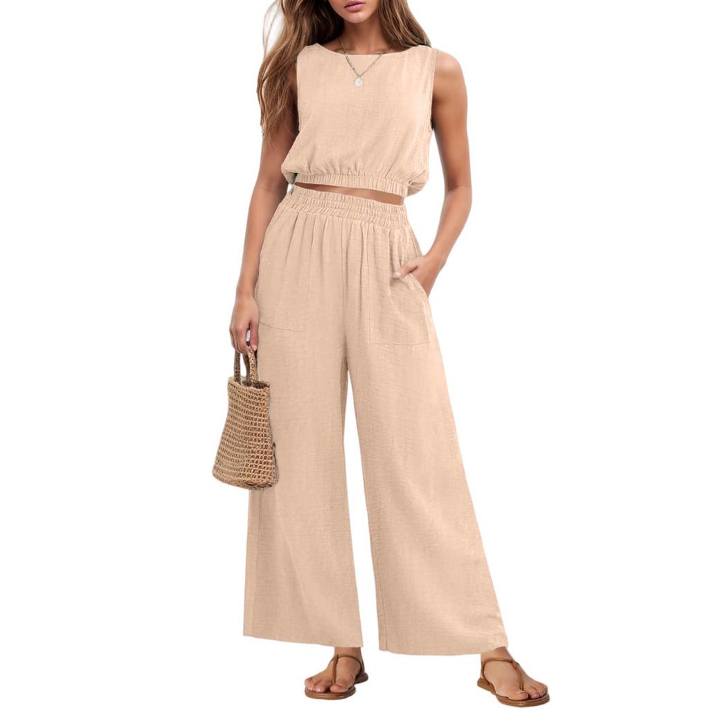 Sleeveless Casual Two Piece Set Elastic Waist Wide Leg Pants High Waist Crop Top Summer Outfit For Women