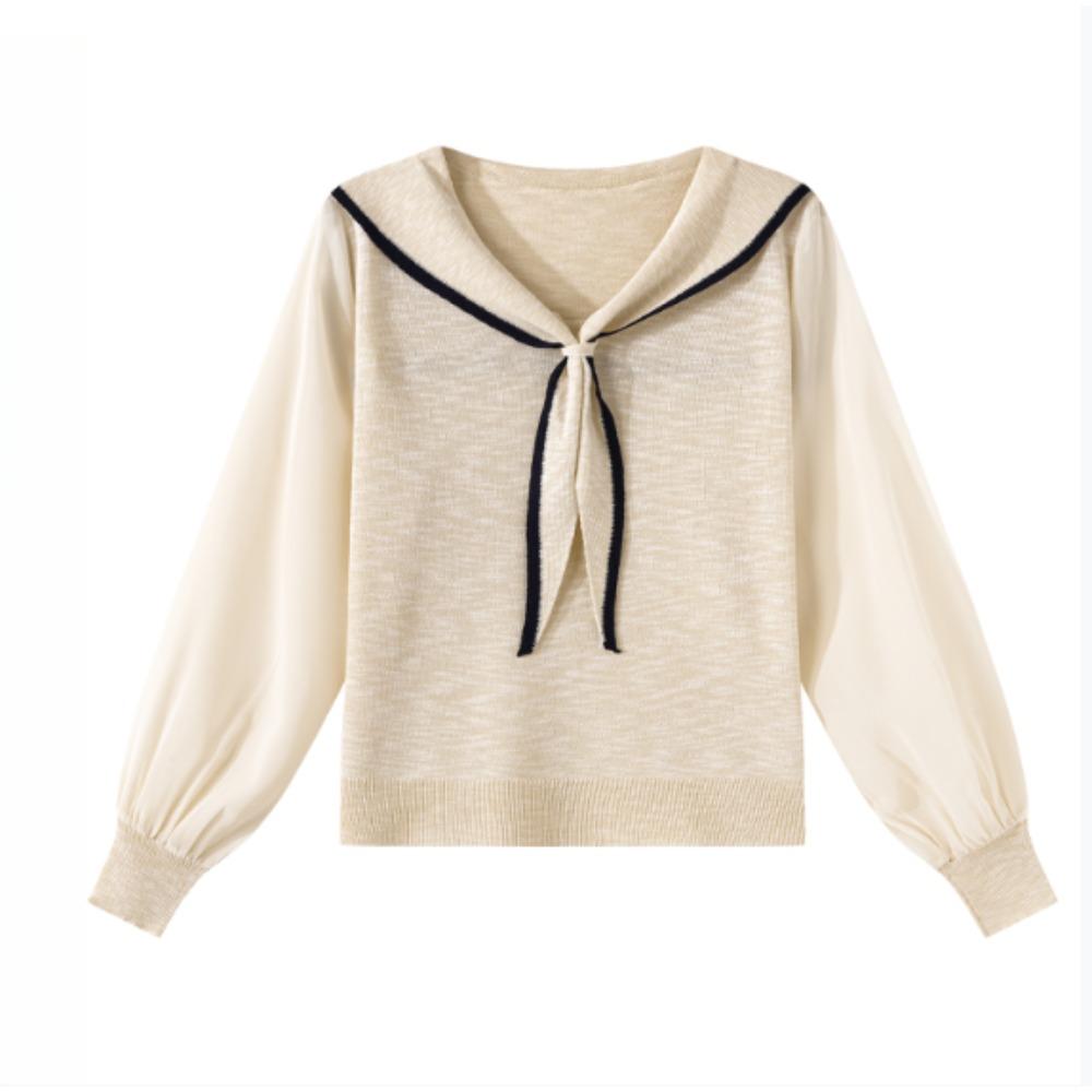 Ein Retro Color-Blocking Gestreifter Langarm-Strickpullover für Damen für den Frühherbst, Ein lockerer und vielseitiger Marine-Kragenpullover