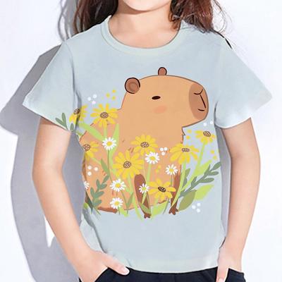 Cartoon Capybara T-Shirts for Girls Summer Short Sleeve Tee Shirts Fashion Tight T-Shirt Outdoor Children's Clothing Girls Tops