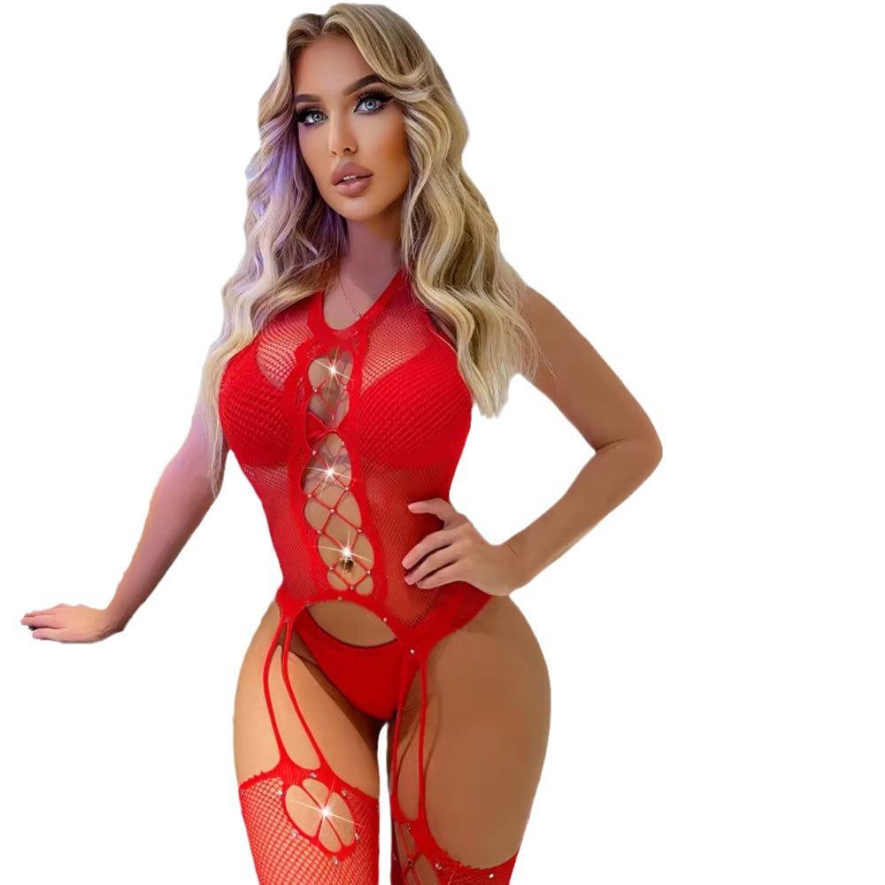 Hot Diamond Sex Underwear Sexy Suspender Mesh Stockings Open Bottom Non-Slip Temptation Transparent One-Piece Stockings
